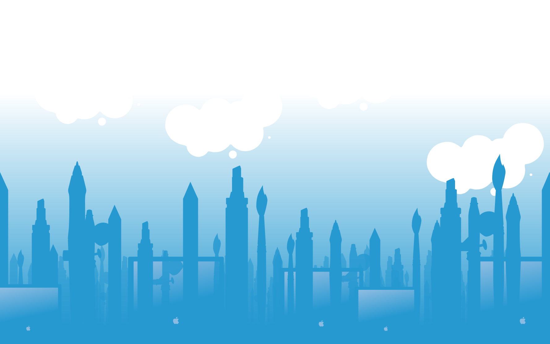 Blue silhouette cityscape made of paintbrushes and art tools under white clouds on a gradient sky background.
