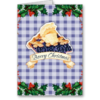 Festive blueberry pie slice on purple gingham background with holly border and "Berry Christmas" banner.