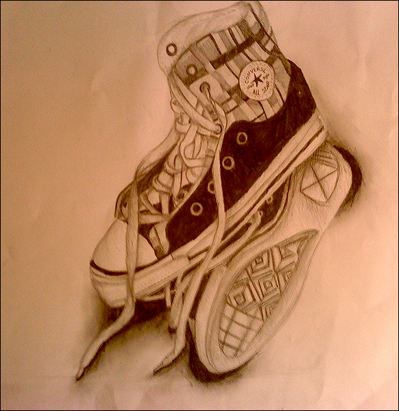 Detailed pencil sketch of a classic Converse All-Star high-top sneaker with intricate lacing and textured sole design.