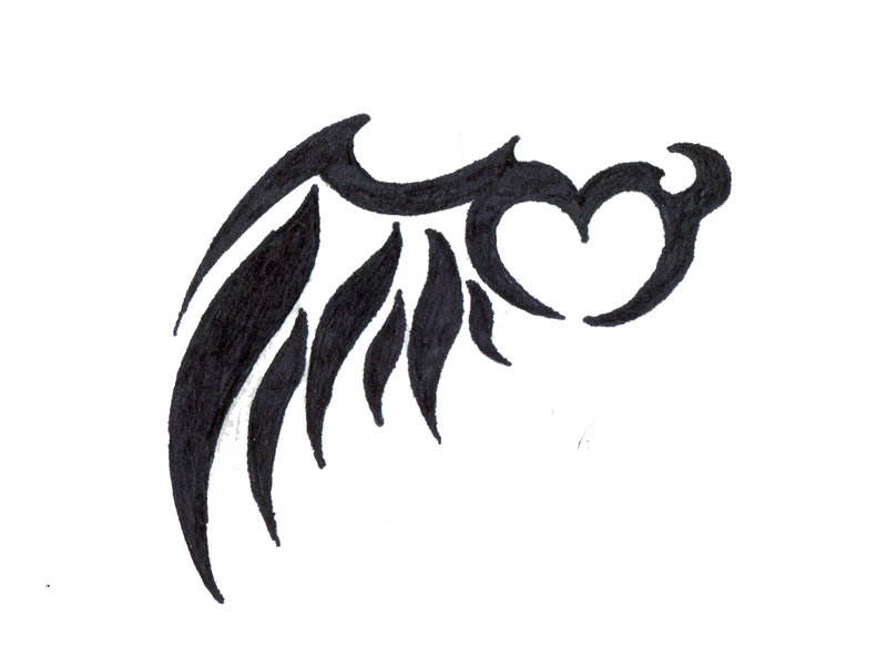 Black tribal-style wing with heart motif, hand-drawn on white background.