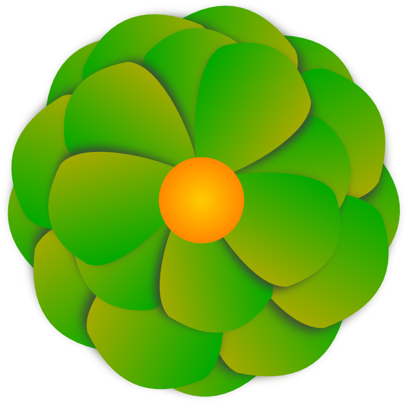 Stylized green leafy flower with orange center, layered petal design on white background