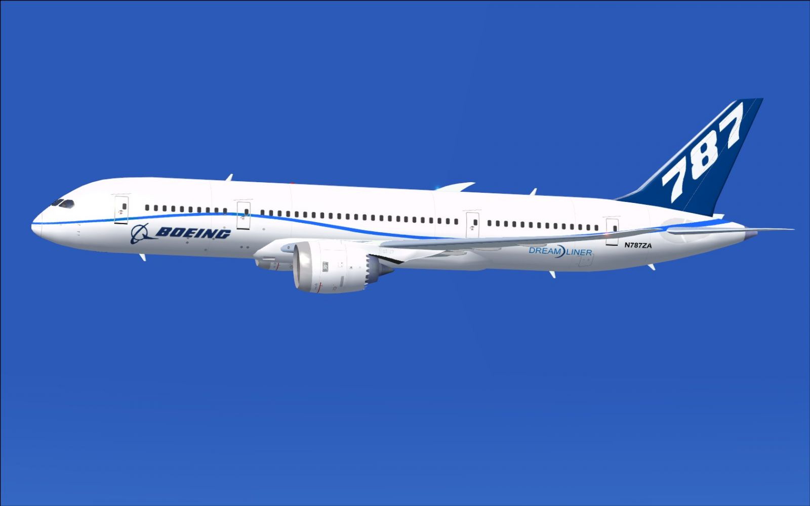 Boeing 787 Dreamliner in flight against a clear blue sky, white fuselage with blue livery and "787" on tail.