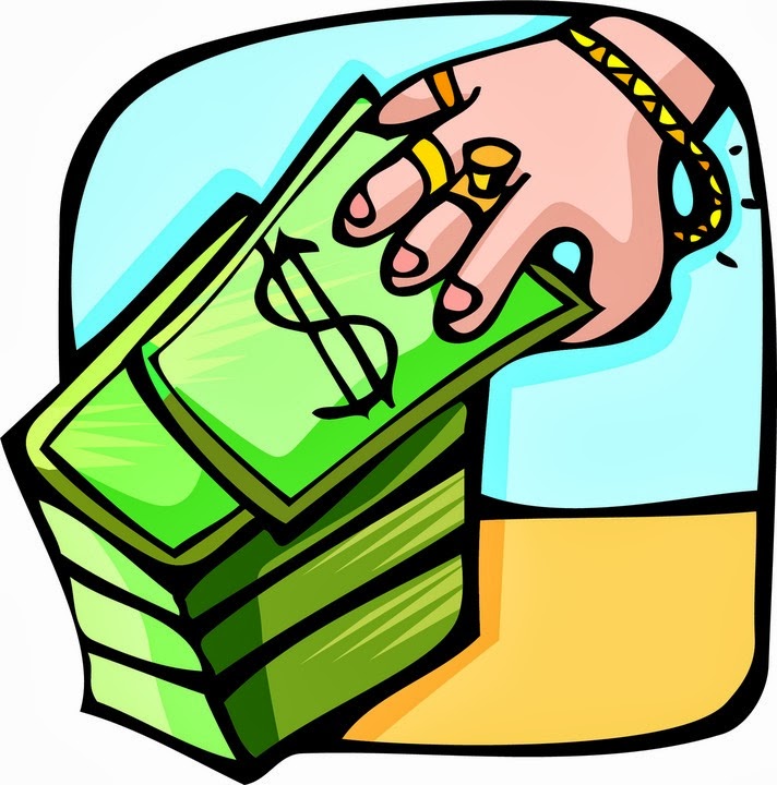 A hand adorned with gold rings and a bracelet holds a stack of green cash bills featuring a dollar sign symbol.