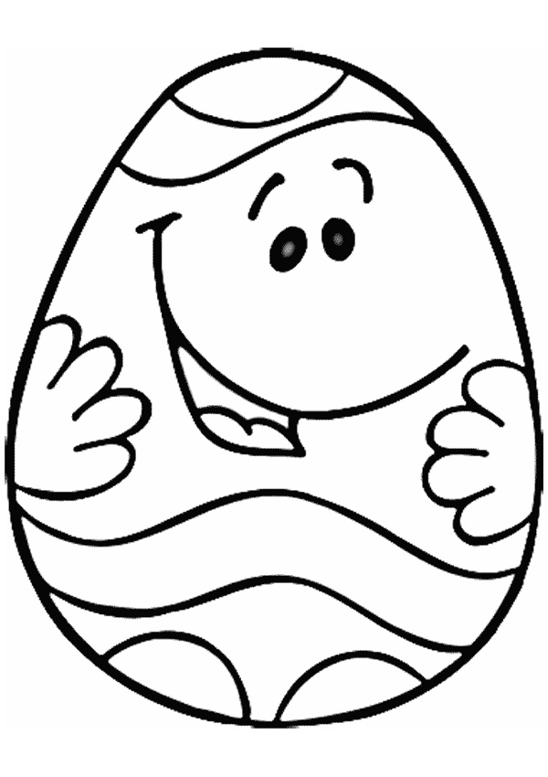 Smiling cartoon Easter egg with arms, wavy stripes, and cheerful expression-black-and-white line art for coloring.