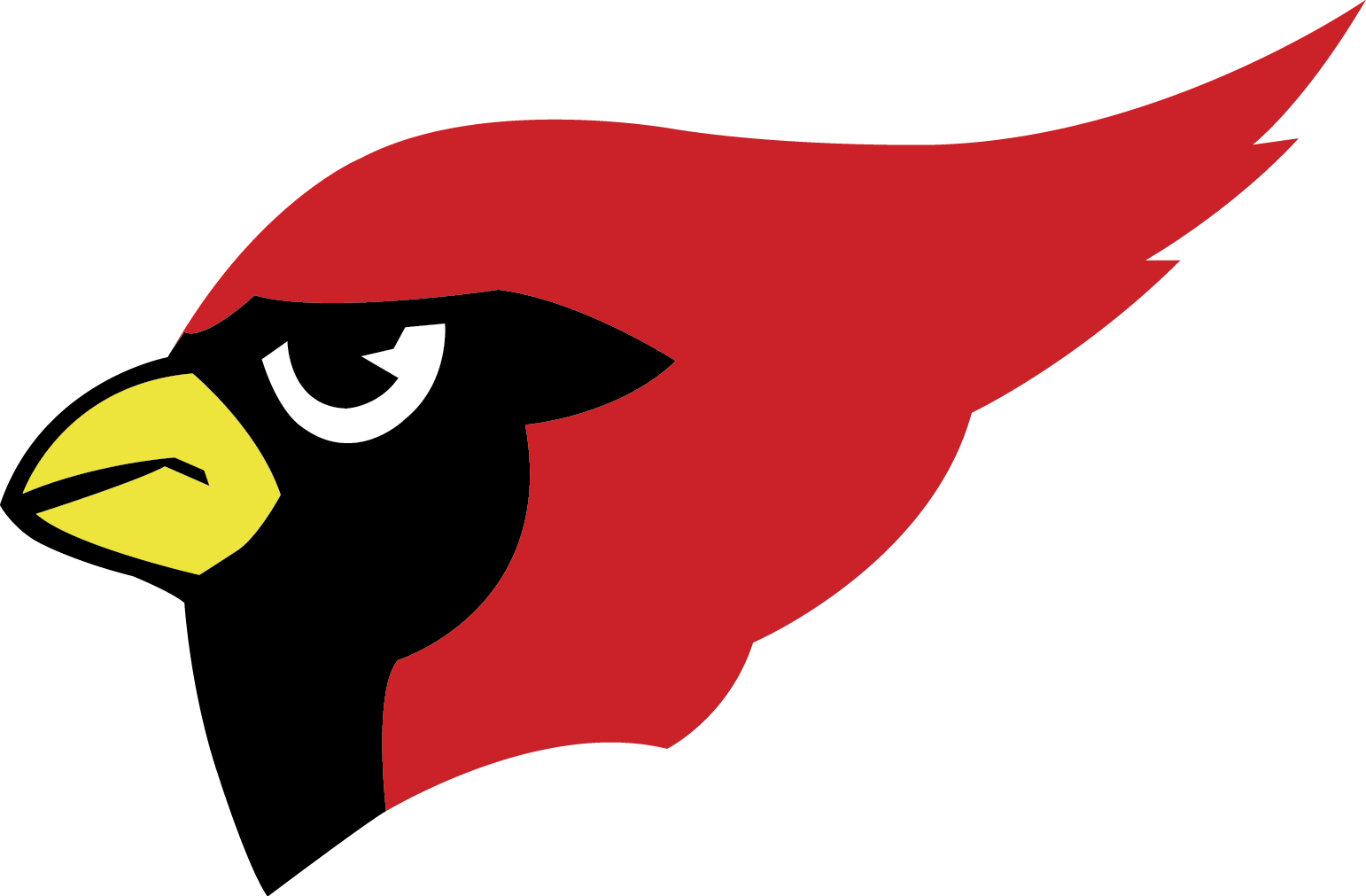 Stylized red cardinal head logo with black face, yellow beak, and white eye detail.