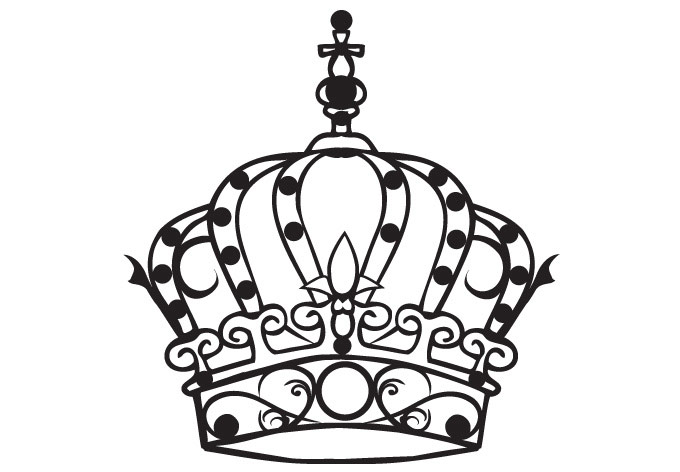 Ornate black-and-white line drawing of a royal crown with fleur-de-lis, pearls, and scrollwork details.