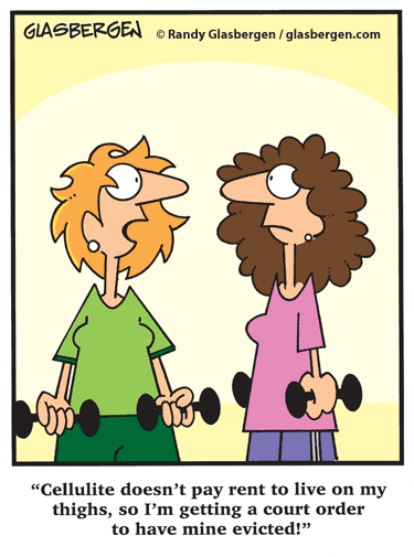 Two women lifting dumbbells with a humorous caption about cellulite and eviction.