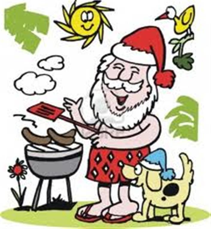 Santa Claus in swim trunks and flip-flops grilling sausages outdoors with a dog wearing a tiny Santa hat, under a sunny sky.