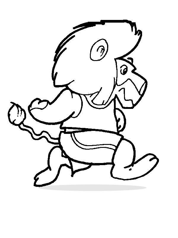 Cartoon lion in running pose, wearing shorts and holding a ball, black-and-white line drawing.