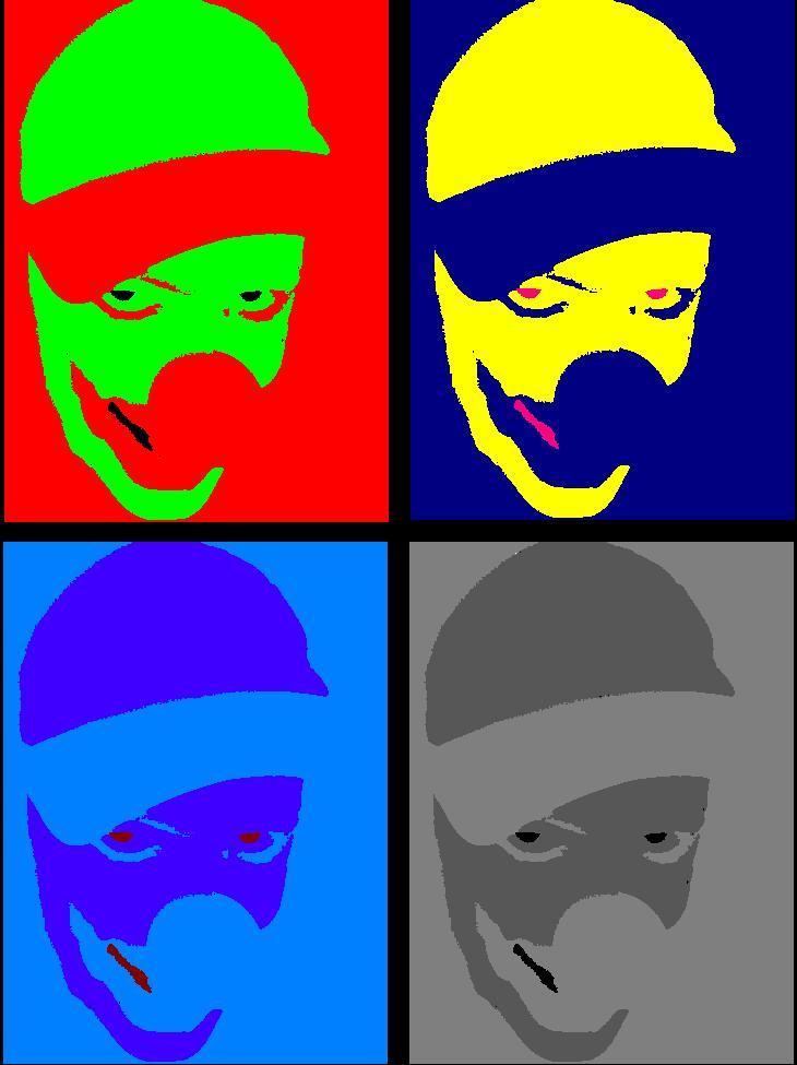 Pop art-style four-panel portrait of a masked figure in vibrant and monochrome color schemes.