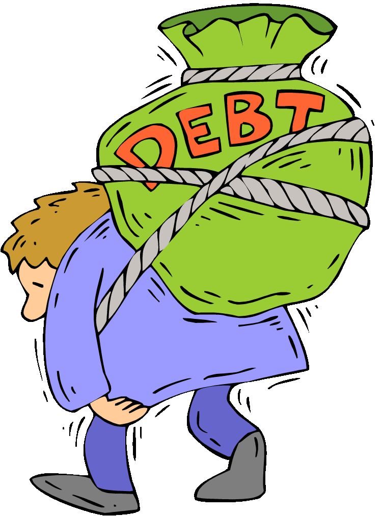 Man struggling under a giant green sack labeled "DEBT", tied with rope, symbolizing financial burden.