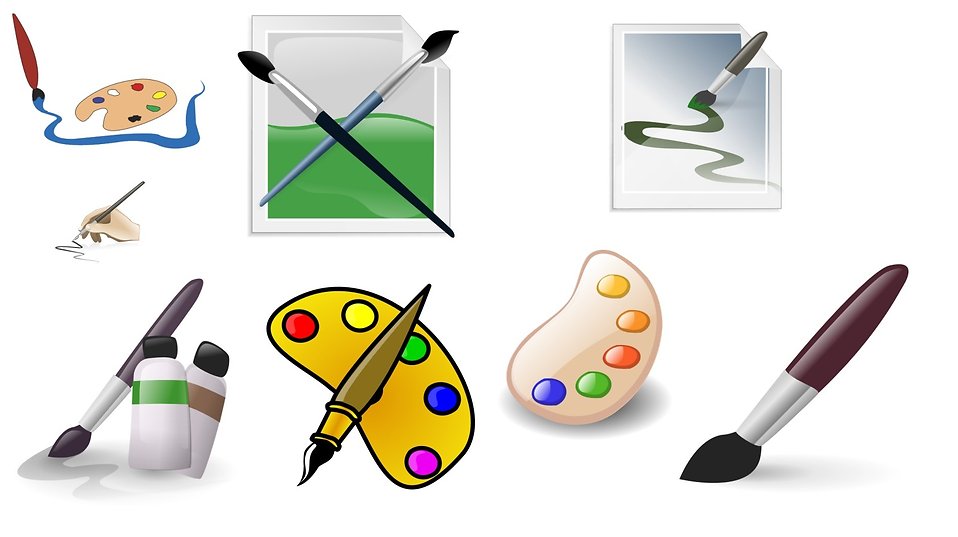 Collection of digital art tools including paintbrushes, palettes, ink bottles, and canvas icons.