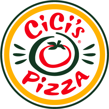 Cicis Pizza logo featuring a red tomato inside a green swirl, encircled by yellow and green rings with bold red script text.