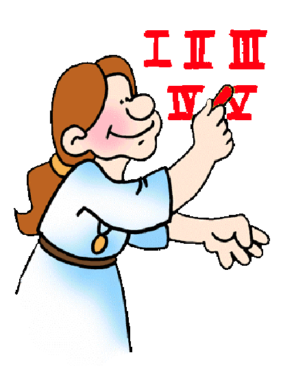 A smiling teacher points to Roman numerals I, II, III, IV written in red above her hand.