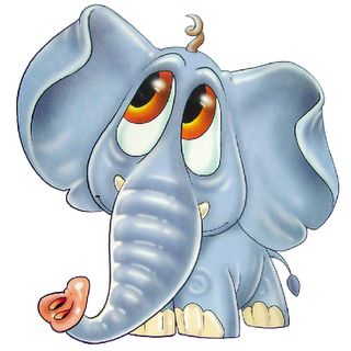 Cute cartoon baby elephant with large expressive eyes and a playful trunk curl.