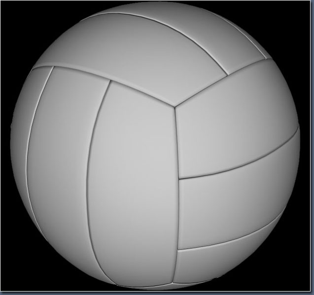 Gray 3D-rendered volleyball with classic panel design on black background