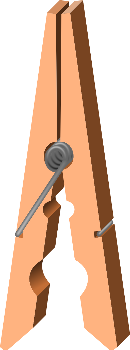 Wooden clothespin with metal spring, open position, peach and brown tones, clean vector illustration.