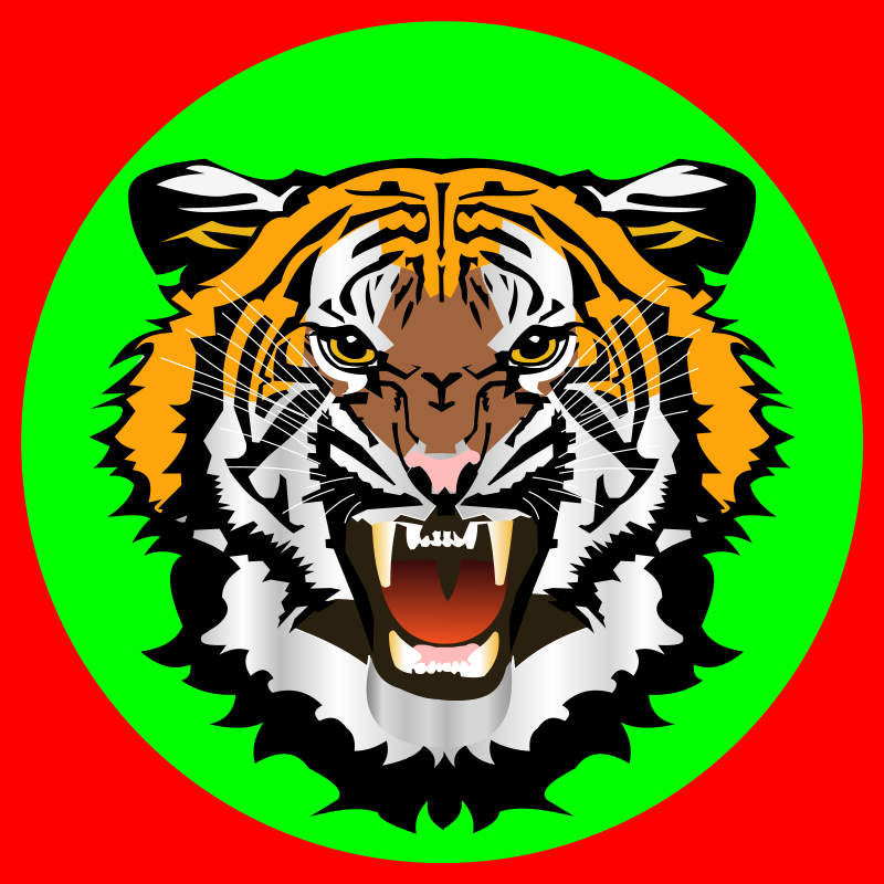 Fierce tiger head with roaring mouth, orange and black stripes, set against bright green circle on red background.