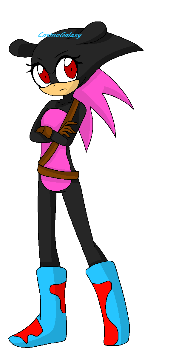 Black anthropomorphic hedgehog with red eyes, pink quills, and blue boots standing confidently with arms crossed.