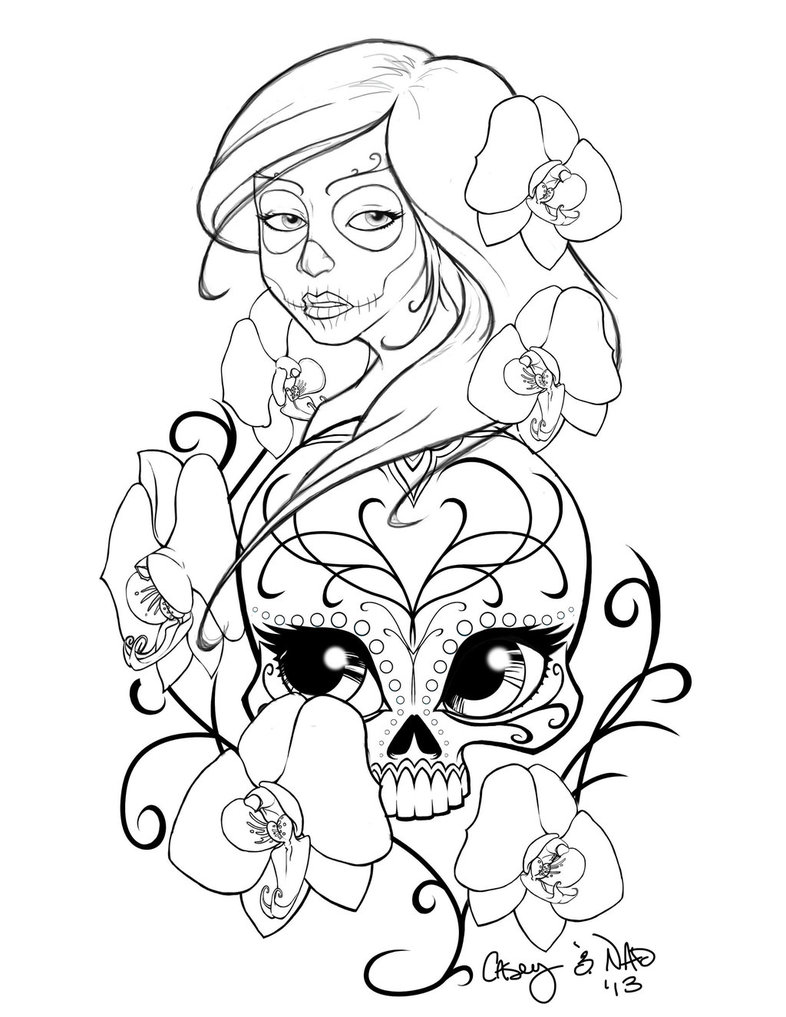 Sugar Skull Woman with Orchids - Day of the Dead Tattoo Design