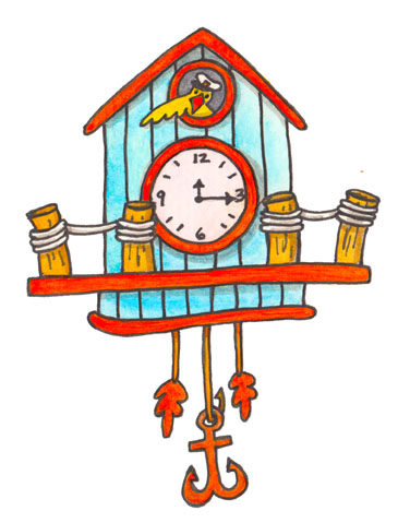Hand-drawn colorful cuckoo clock with bird emerging, pendulum, and weights, in whimsical cartoon style.