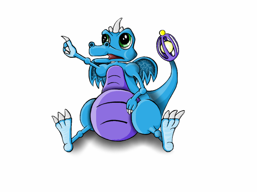 A cheerful blue cartoon dragon with green eyes, purple belly, and a glowing orb in its tail, pointing playfully.
