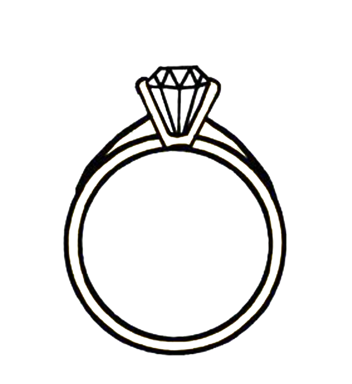 Simple line drawing of a classic solitaire diamond engagement ring with a round band and prong setting.
