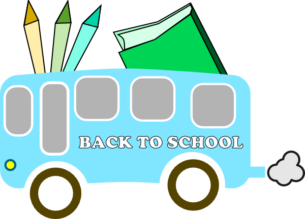Blue school bus carrying pencils, crayons, and notebooks with "BACK TO SCHOOL" text.