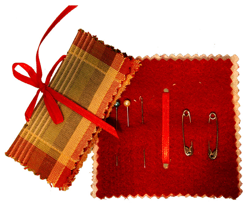 Handmade Plaid Pin Cushion with Vintage Sewing Supplies