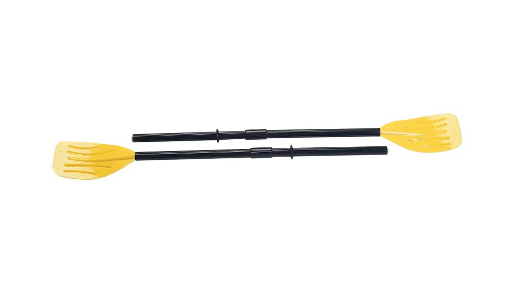 Two yellow-bladed, black-shafted plastic kayak paddles laid parallel on white background