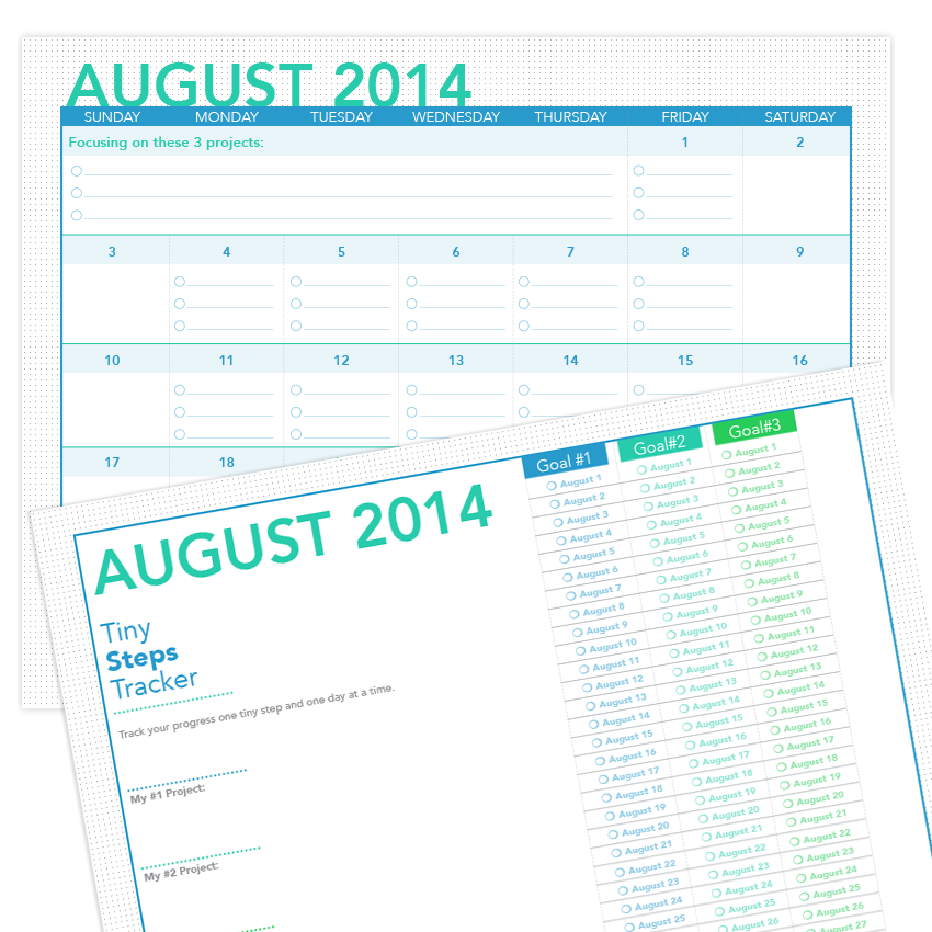 August 2014 printable productivity planner with calendar, project tracker, and tiny steps checklist.