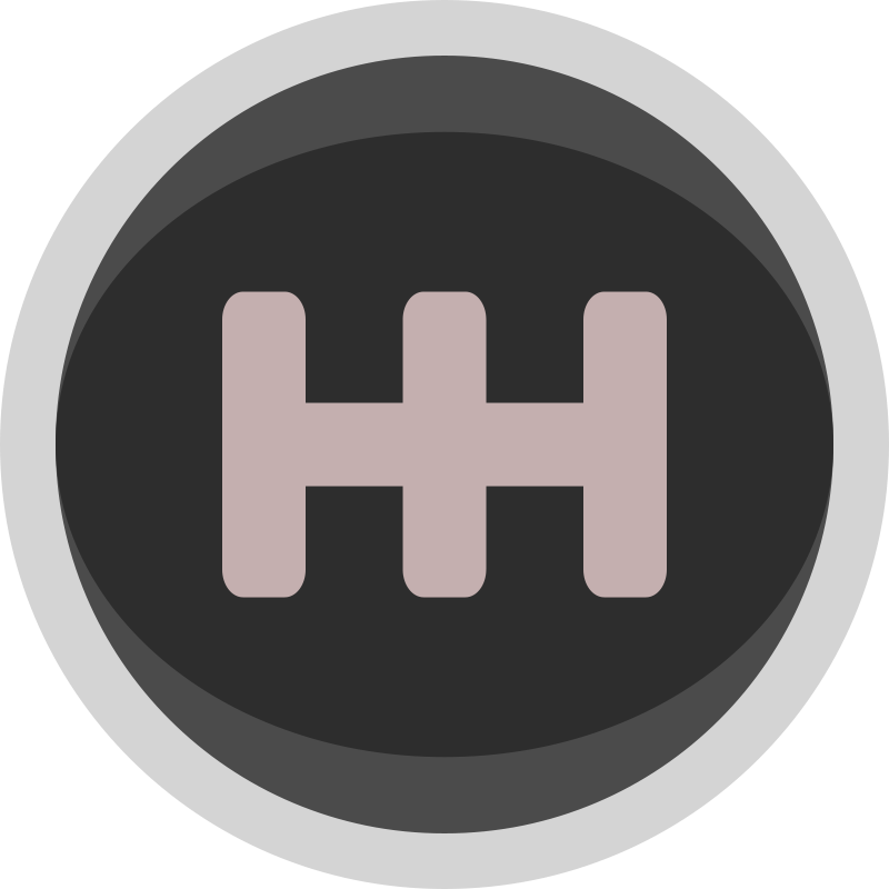 Circular icon with a stylized "H" in muted pink on dark gray, encased in a light gray border.