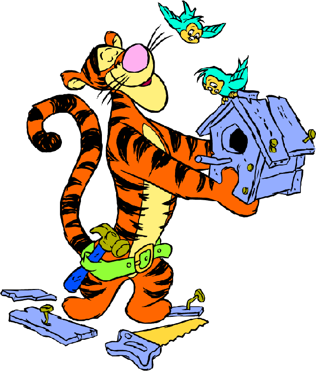 Tigger from Winnie the Pooh joyfully assembling a blue birdhouse with tools scattered around and two cheerful birds perched nearby.