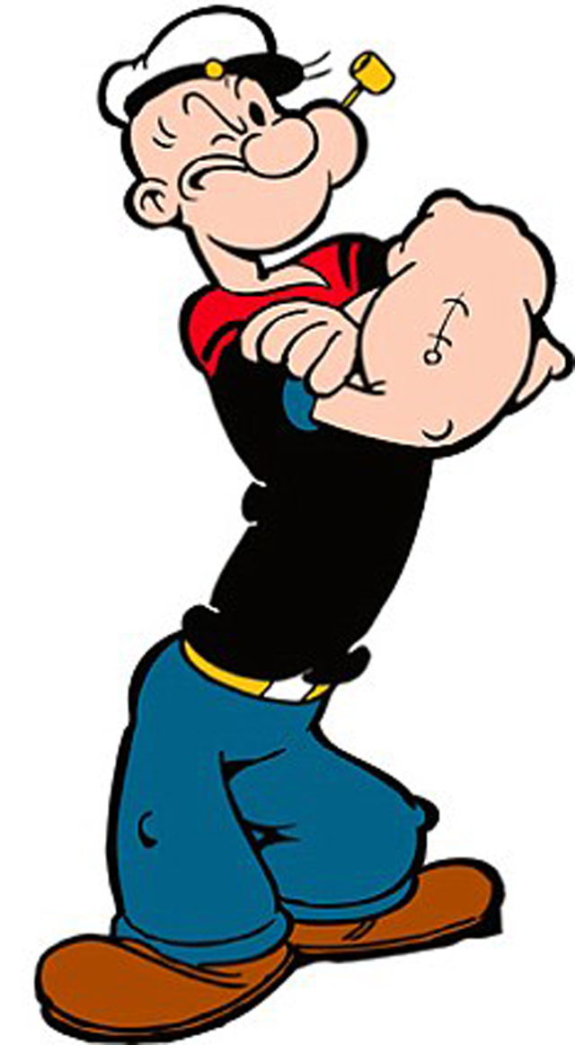 Popeye the Sailor Man flexing his bicep with a confident grin, wearing his iconic red shirt, black vest, blue pants, and sailor hat.