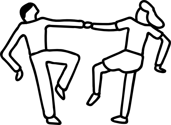 Two people dancing together in a joyful, synchronized pose, illustrated in simple black-and-white line art.