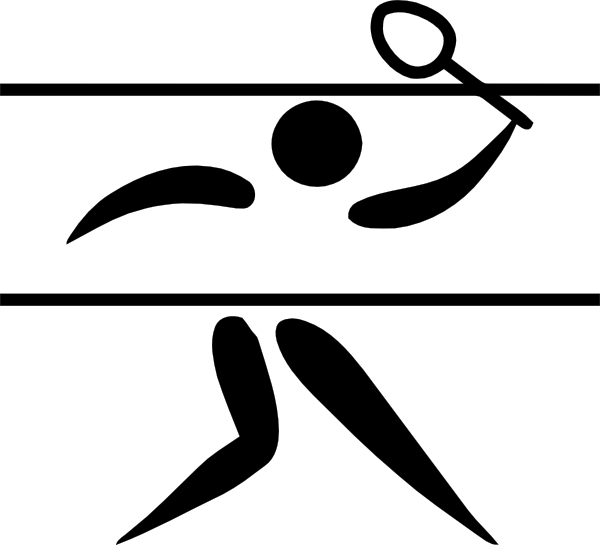 Stylized black-and-white icon of a badminton player lunging to hit a shuttlecock over the net.