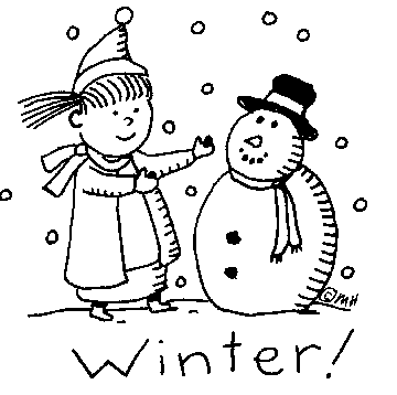 A cheerful child in winter hat and scarf builds a smiling snowman with top hat and scarf amid falling snowflakes; "Winter!" written below.