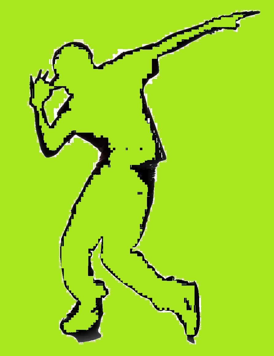 Black silhouette of a person performing the dab dance move against a bright lime green background.