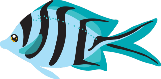Vibrant blue and black striped angelfish illustration with expressive eyes and flowing fins.