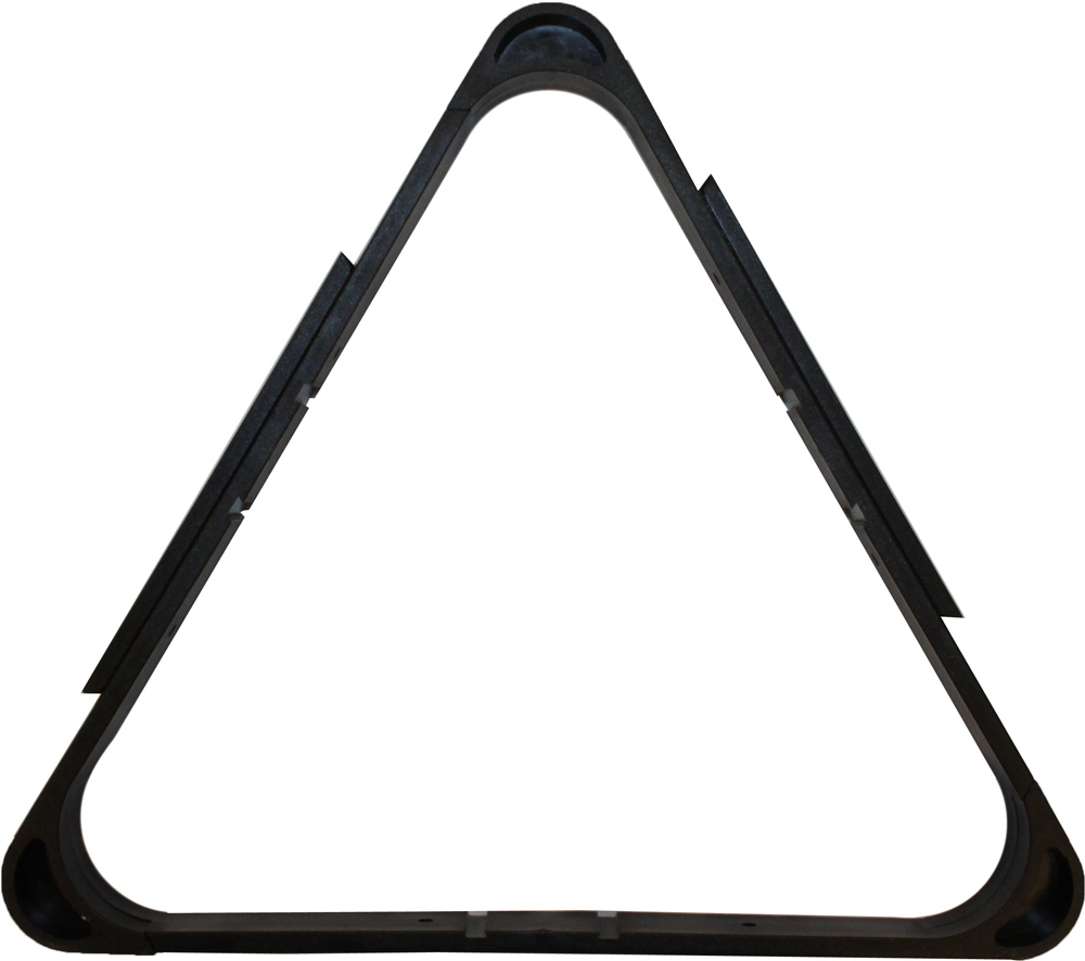 Black plastic pool ball triangle rack for organizing billiard balls on a table.