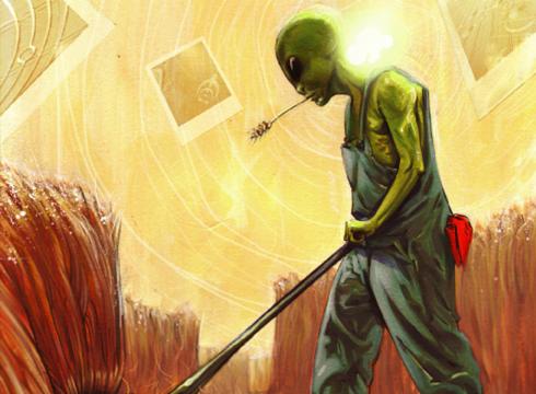 Alien Farmer Harvesting Wheat - Surreal Sci-Fi Artwork