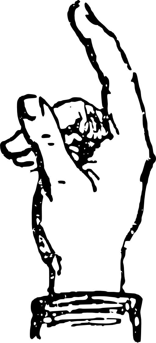 Black-and-white line drawing of a hand with fingers splayed upward, stylized with expressive, ink-like strokes.