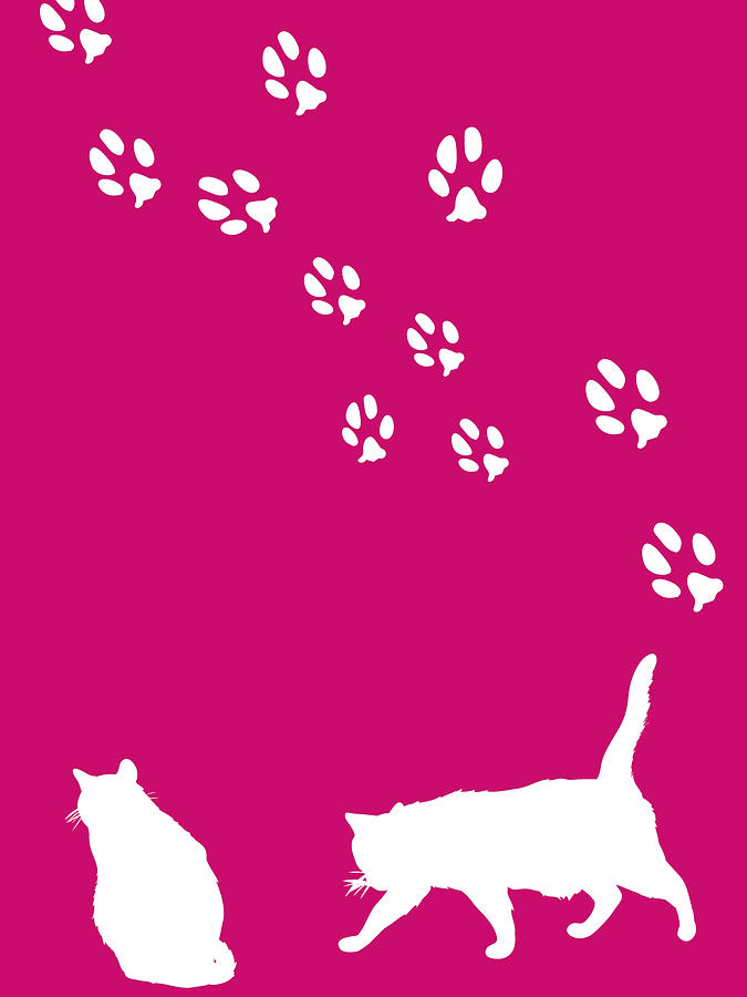White cat silhouettes and paw prints on vibrant pink background, one cat sitting, one walking, with scattered footprints above.