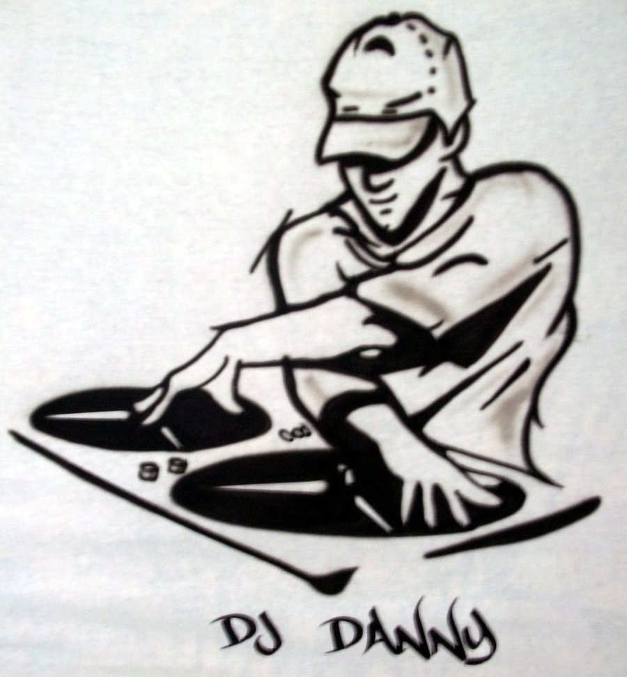 Stylized black-and-white illustration of a DJ wearing a cap and sunglasses, mixing on turntables with "DJ Danny" signed below.