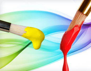 Two paintbrushes-one with yellow paint, one with red-dripping vibrant color over a flowing rainbow gradient background.