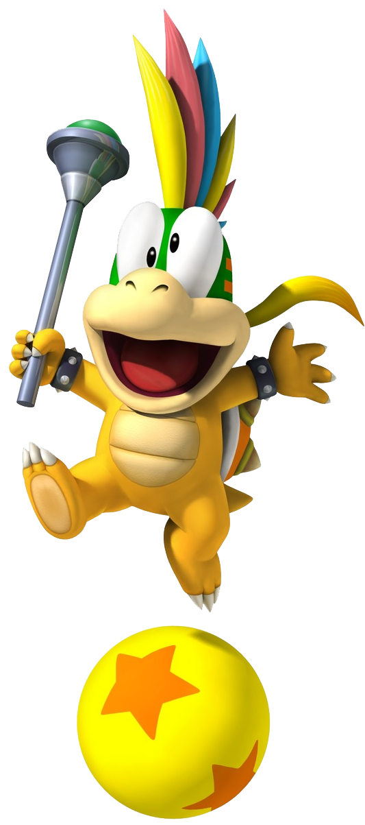 Yellow Koopa Troopa with colorful mohawk, holding a scepter and jumping over a star-adorned yellow ball.