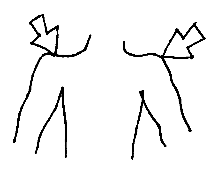 Two stick figures with arrow-shaped heads pointing at each other, suggesting confrontation or dialogue.