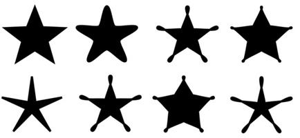 Eight black star icons in two rows, each with unique arm shapes and styles on white background.