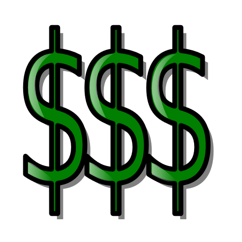 Three green dollar signs in a row, glossy and stylized with black outlines and shadows.