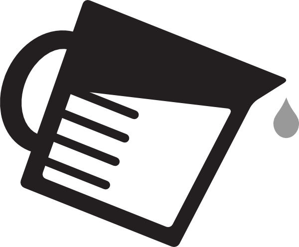 Black measuring cup with liquid level lines and a drop falling from spout, indicating precise liquid measurement.